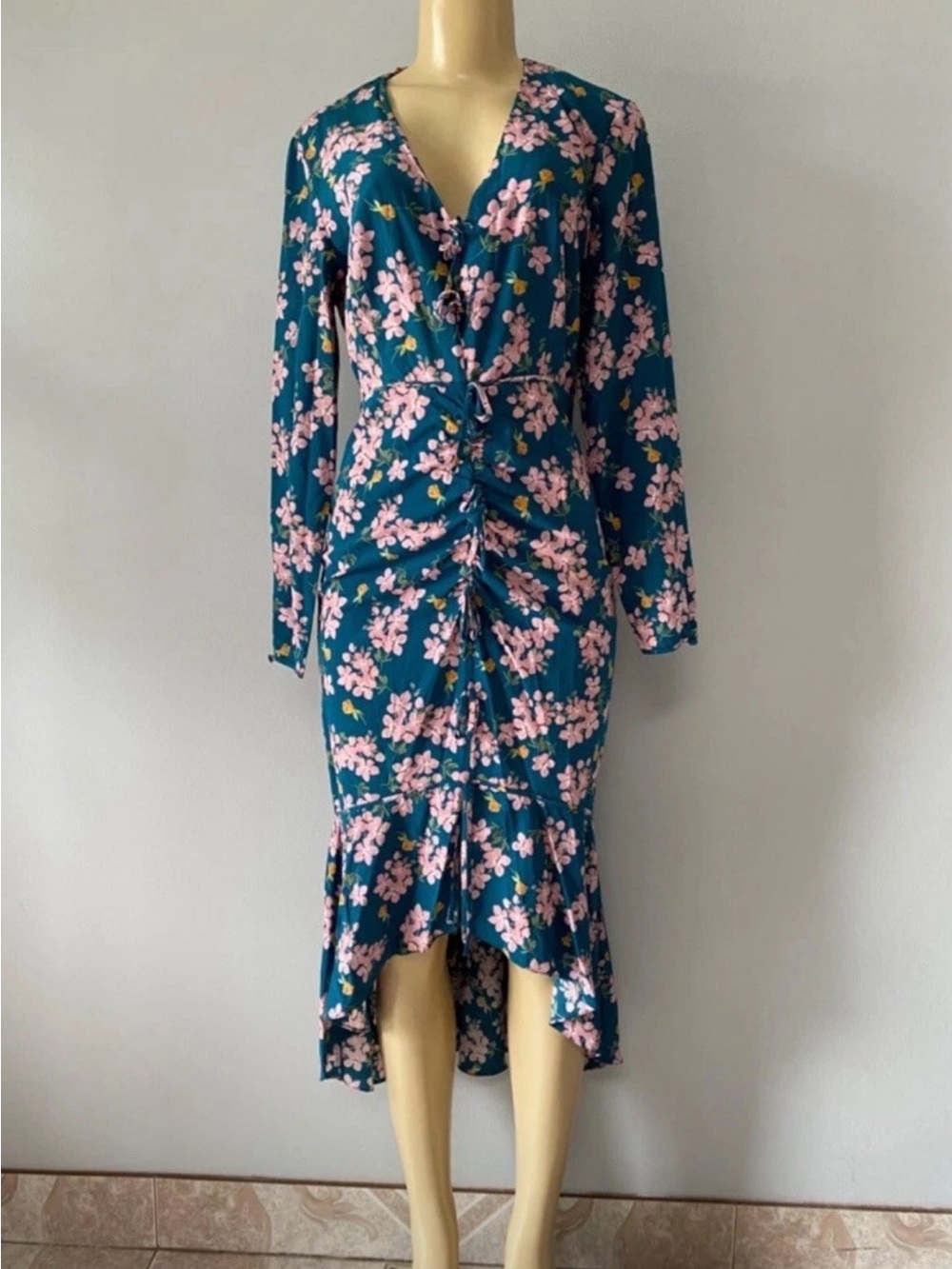 INTERMIX Teal Floral Ruched High-Low Dress